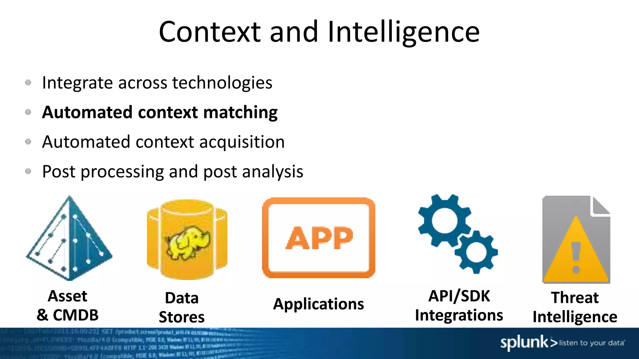 Context and Intelligence
Integrate across technologies
Automated context matching
Automated context acquisition
Post processing and post analysis
Threat
Intelligence
Asset
& CMDB
API/SDK
Integrations
Data
Stores
Applications
 