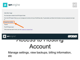 Access to Hosting
Account
Manage settings, view backups, billing information,
etc
 