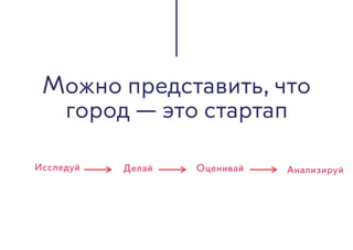 Можно представить, что
город — это стартап
Делай Оценивай АнализируйИсследуй
 