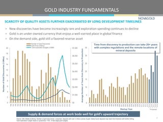 Time from discovery to production can take 20+ years
with complex regulations and the remote locations of
mineral deposits
SCARCITY OF QUALITY ASSETS FURTHER EXACERBATED BY LONG DEVELOPMENT TIMELINES
> New discoveries have become increasingly rare and exploration spending continues to decline
> Gold is an under-owned currency that enjoys a well-earned place in global finance
> On the demand side, gold still a favored reserve asset
GOLD INDUSTRY FUNDAMENTALS
7
Supply & demand forces at work bode well for gold’s upward trajectory
$0
$1,000
$2,000
$3,000
$4,000
$5,000
$6,000
$7,000
0
2
4
6
8
10
12
14
16
18
20
1990
1991
1992
1993
1994
1995
1996
1997
1998
1999
2000
2001
2002
2003
2004
2005
2006
2007
2008
2009
2010
2011
2012
2013
2014
2015
Number of Gold Discoveries
Gold Price (US$/oz)
Gold Exploration Budgets (US$M)
NumberofGoldDiscoveries(>2Moz)
Source: SNL Metals & Mining. Number of gold discoveries comprises deposits with over 2 million ounces of gold. Newly found deposits may reach this threshold with further drilling.
Gold exploration budget based on grassroots +75% of late-stage gold budgets.
Startup Year
* * * * *
*Projected
AverageNumberofYearsfromDiscoverytoProduction
0
5
10
15
20
25
30
35
1985
1986
1987
1988
1989
1990
1991
1992
1993
1994
1995
1996
1997
1998
1999
2000
2001
2002
2003
2004
2005
2006
2007
2008
2009
2010
2011
2012
2013
2014
2015
2016
2017
2018
2019
 