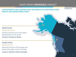 WHAT MAKES NOVAGOLD UNIQUE?
A DEVELOPMENT-STAGE COMPANY WITH TWO PROJECTS OF EXCEPTIONAL SCALE,
QUALITY, AND JURISDICTIONAL SAFETY
8
DONLIN GOLD
50/50 with Barrick
Poised to become one of the largest
gold producers in the world
Location: Southwest Alaska
GALORE CREEK
50/50 with Teck
Potential to be one of the largest and
lowest cost copper mines in Canada
Location: Northern British Columbia
 