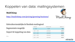 MailChimp
http://mailchimp.com/pricing/growing-business/
Gebruiksvriendelijke & flexibele mailingtool
Segmentatie mogelijk
Import & koppeling van data
….
Koppelen van data: mailingsystemen
 