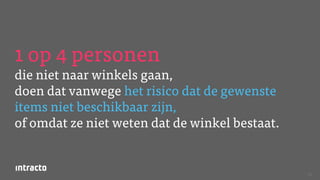 70
1 op 4 personen
die niet naar winkels gaan,
doen dat vanwege het risico dat de gewenste
items niet beschikbaar zijn,
of omdat ze niet weten dat de winkel bestaat.
 