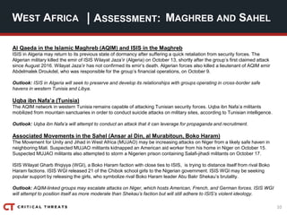 10
| ASSESSMENT:
Al Qaeda in the Islamic Maghreb (AQIM) and ISIS in the Maghreb
ISIS in Algeria may return to its previous state of dormancy after suffering a quick retaliation from security forces. The
Algerian military killed the emir of ISIS Wilayat Jaza’ir (Algeria) on October 13, shortly after the group’s first claimed attack
since August 2016. Wilayat Jaza’ir has not confirmed its emir’s death. Algerian forces also killed a lieutenant of AQIM emir
Abdelmalek Droukdel, who was responsible for the group’s financial operations, on October 9.
Outlook: ISIS in Algeria will seek to preserve and develop its relationships with groups operating in cross-border safe
havens in western Tunisia and Libya.
Uqba ibn Nafa’a (Tunisia)
The AQIM network in western Tunisia remains capable of attacking Tunisian security forces. Uqba ibn Nafa’a militants
mobilized from mountain sanctuaries in order to conduct suicide attacks on military sites, according to Tunisian intelligence.
Outlook: Uqba ibn Nafa’a will attempt to conduct an attack that it can leverage for propaganda and recruitment.
Associated Movements in the Sahel (Ansar al Din, al Murabitoun, Boko Haram)
The Movement for Unity and Jihad in West Africa (MUJAO) may be increasing attacks on Niger from a likely safe haven in
neighboring Mali. Suspected MUJAO militants kidnapped an American aid worker from his home in Niger on October 15.
Suspected MUJAO militants also attempted to storm a Nigerien prison containing Salafi-jihadi militants on October 17.
ISIS Wilayat Gharb Ifriqiyya (WGI), a Boko Haram faction with close ties to ISIS, is trying to distance itself from rival Boko
Haram factions. ISIS WGI released 21 of the Chibok school girls to the Nigerian government. ISIS WGI may be seeking
popular support by releasing the girls, who symbolize rival Boko Haram leader Abu Bakr Shekau’s brutality.
Outlook: AQIM-linked groups may escalate attacks on Niger, which hosts American, French, and German forces. ISIS WGI
will attempt to position itself as more moderate than Shekau’s faction but will still adhere to ISIS’s violent ideology.
WEST AFRICA MAGHREB AND SAHEL
 