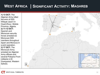 11
| SIGNIFICANT ACTIVITY:WEST AFRICA MAGHREB
1) 13 OCT: The
Algerian Army killed
the emir of ISIS
Wilayat Jaza’ir in
Oued Zhour, Skikda
Province, Algeria.
2) 11-12 OCT:
Spanish and
Moroccan security
forces arrested six
Moroccan ISIS
members throughout
Spain and Morocco in
a joint operation.
3) 17 OCT: The
Moroccan Army
arrested six Algerian
Army officers and
several Polisario Front
militants in El
Guerguerat, Western
Sahara.
1
3
2
 