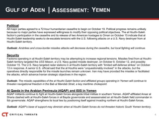 4
| ASSESSMENT:
Political
All major parties agreed to a 72-hour humanitarian ceasefire to begin on October 19. Political progress remains unlikely
because no major parties have expressed willingness to modify their opposing political objectives. The al Houthi-Saleh
faction’s participation in the ceasefire and its release of two American hostages to Oman on October 15 indicate that al
Houthi-Saleh leadership seeks to de-escalate tensions with the U.S. following attacks on a U.S. Navy destroyer from al
Houthi-Saleh territory.
Outlook: Airstrikes and cross-border missiles attacks will decrease during the ceasefire, but local fighting will continue.
Security
Factions operating in al Houthi-Saleh territory may be attempting to increase regional tensions. Missiles fired from al Houthi-
Saleh territory targeted the USS Mason, a U.S. Navy guided missile destroyer, on October 9, October 12, and possibly
October 15. The U.S. Navy targeted radar stations in al Houthi-Saleh territory with “limited self-defense strikes” on October
13 in response. A senior U.S. official said that the al Houthis were “unquestionably involved” in the attacks, but the
operatives directly responsible for the missile launches remain unknown. Iran may have provided the missiles or facilitated
the attacks, which advance Iranian strategic objectives in the region.
Outlook: The missile capabilities of the al Houthi-Saleh faction and affiliated groups operating in Yemen will continue to
threaten navigational freedom in the Bab al Mandab Strait, a key maritime chokepoint.
Al Qaeda in the Arabian Peninsula (AQAP) and ISIS in Yemen
AQAP militants continue to fight al Houthi-Saleh forces alongside tribal militias in southern Yemen. AQAP-affiliated Ansar al
Sharia clashed with al Houthi-Saleh forces in al Bayda governorate and assassinated an al Houthi-Saleh field commander in
Ibb governorate. AQAP strengthens its local ties by positioning itself against invading northern al Houthi-Saleh forces.
Outlook: AQAP’s base of support may diminish when al Houthi-Saleh forces do not threaten historic South Yemen territory.
GULF OF ADEN YEMEN
 
