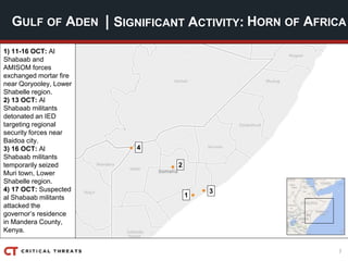 7
| SIGNIFICANT ACTIVITY:GULF OF ADEN HORN OF AFRICA
1) 11-16 OCT: Al
Shabaab and
AMISOM forces
exchanged mortar fire
near Qoryooley, Lower
Shabelle region.
2) 13 OCT: Al
Shabaab militants
detonated an IED
targeting regional
security forces near
Baidoa city.
3) 16 OCT: Al
Shabaab militants
temporarily seized
Muri town, Lower
Shabelle region.
4) 17 OCT: Suspected
al Shabaab militants
attacked the
governor’s residence
in Mandera County,
Kenya.
4
2
3
1
 