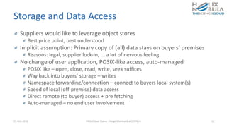 Storage and Data Access
Suppliers would like to leverage object stores
Best price point, best understood
Implicit assumption: Primary copy of (all) data stays on buyers’ premises
Reasons: legal, supplier lock-in, ... a lot of nervous feeling
No change of user application, POSIX-like access, auto-managed
POSIX like – open, close, read, write, seek suffices
Way back into buyers’ storage – writes
Namespace forwarding/connection – connect to buyers local system(s)
Speed of local (off-premise) data access
Direct remote (to buyer) access + pre fetching
Auto-managed – no end user involvement
21-Oct-2016 HNSciCloud Status - Helge Meinhard at CERN.ch 11
 
