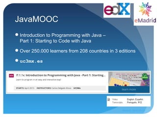 JavaMOOC
Introduction to Programming with Java –
Part 1: Starting to Code with Java
Over 250.000 learners from 208 count...