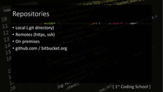 Repositories
• Local (.git directory)
• Remotes (https, ssh)
• On premises
• github.com / bitbucket.org
 