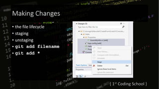 Making Changes
• the file lifecycle
• staging
• unstaging
• git add filename
• git add *
 