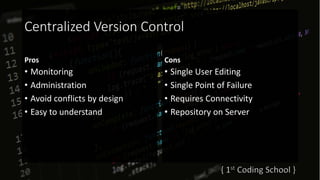 Centralized Version Control
Pros
• Monitoring
• Administration
• Avoid conflicts by design
• Easy to understand
Cons
• Single User Editing
• Single Point of Failure
• Requires Connectivity
• Repository on Server
 