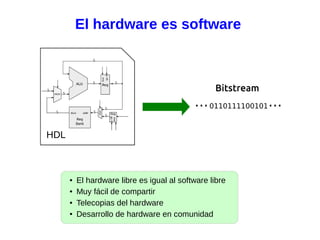 El hardware es software
● El hardware libre es igual al software libre
● Muy fácil de compartir
● Telecopias del hardware
● Desarrollo de hardware en comunidad
HDL
 