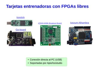 Tarjetas entrenadoras con FPGAs libres
Icestick
Go-board
● Conexión directa al PC (USB)
● Soportadas por Apio/Icestudio
iCE40-HX8K Breakout Board Icezum Alhambra
 