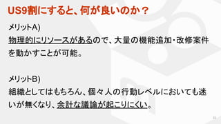 US9割にすると、何が良いのか？
23
メリットA)
物理的にリソースがあるので、大量の機能追加・改修案件
を動かすことが可能。
メリットB)
組織としてはもちろん、個々人の行動レベルにおいても迷
いが無くなり、余計な議論が起こりにくい。
 