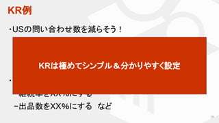 KR例
26
・USの問い合わせ数を減らそう！
　− 「成功」の指標としてXXXXをXXXX％にする
・USのGMV(流通総額)を＄XXにしよう！
　−継続率をXX％にする
　−出品数をXX％にする　など
KRは極めてシンプル＆分かりやすく設定
 