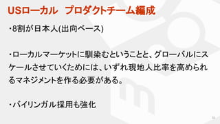 USローカル　プロダクトチーム編成
33
・8割が日本人(出向ベース)
・ローカルマーケットに馴染むということと、グローバルにス
ケールさせていくためには、いずれ現地人比率を高められ
るマネジメントを作る必要がある。
・バイリンガル採用も強化
 