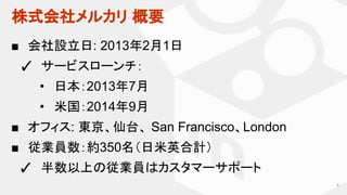 株式会社メルカリ 概要
■ 会社設立日: 2013年2月1日
✓ サービスローンチ：
• 日本：2013年7月
• 米国：2014年9月
■ オフィス: 東京、仙台、 San Francisco、London
■ 従業員数：約350名（日米英合計）
✓ 半数以上の従業員はカスタマーサポート
4
 