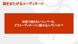 国をまたがるコーディネート
56
対面で接さないメンバーを、
どうコーディネートに組み込んでいくか？
 
