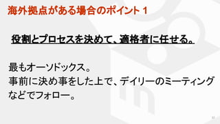 海外拠点がある場合のポイント 1
57
役割とプロセスを決めて、適格者に任せる。
最もオーソドックス。
事前に決め事をした上で、デイリーのミーティング
などでフォロー。
 