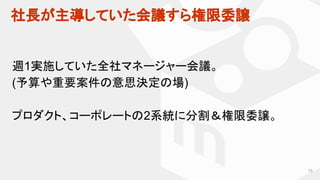 社長が主導していた会議すら権限委譲
75
週1実施していた全社マネージャー会議。
(予算や重要案件の意思決定の場)
プロダクト、コーポレートの2系統に分割＆権限委譲。
 