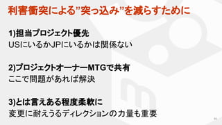 利害衝突による”突っ込み”を減らすために　
84
1)担当プロジェクト優先
USにいるかJPにいるかは関係ない
2)プロジェクトオーナーMTGで共有
ここで問題があれば解決
3)とは言えある程度柔軟に
変更に耐えうるディレクションの力量も重要
 