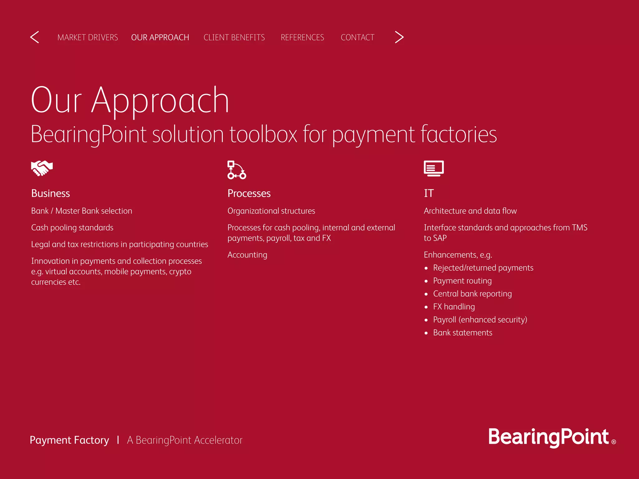 CLIENT BENEFITSOUR APPROACHMARKET DRIVERS REFERENCES CONTACT< >
Payment Factory | A BearingPoint Accelerator
Our Approach
BearingPoint solution toolbox for payment factories
Processes
Organizational structures
Processes for cash pooling, internal and external
payments, payroll, tax and FX
Accounting
IT
Architecture and data ﬂow
Interface standards and approaches from TMS
to SAP
Enhancements, e.g.
• Rejected/returned payments
• Payment routing
• Central bank reporting
• FX handling
• Payroll (enhanced security)
• Bank statements
Business
Bank / Master Bank selection
Cash pooling standards
Legal and tax restrictions in participating countries
Innovation in payments and collection processes
e.g. virtual accounts, mobile payments, crypto
currencies etc.
 