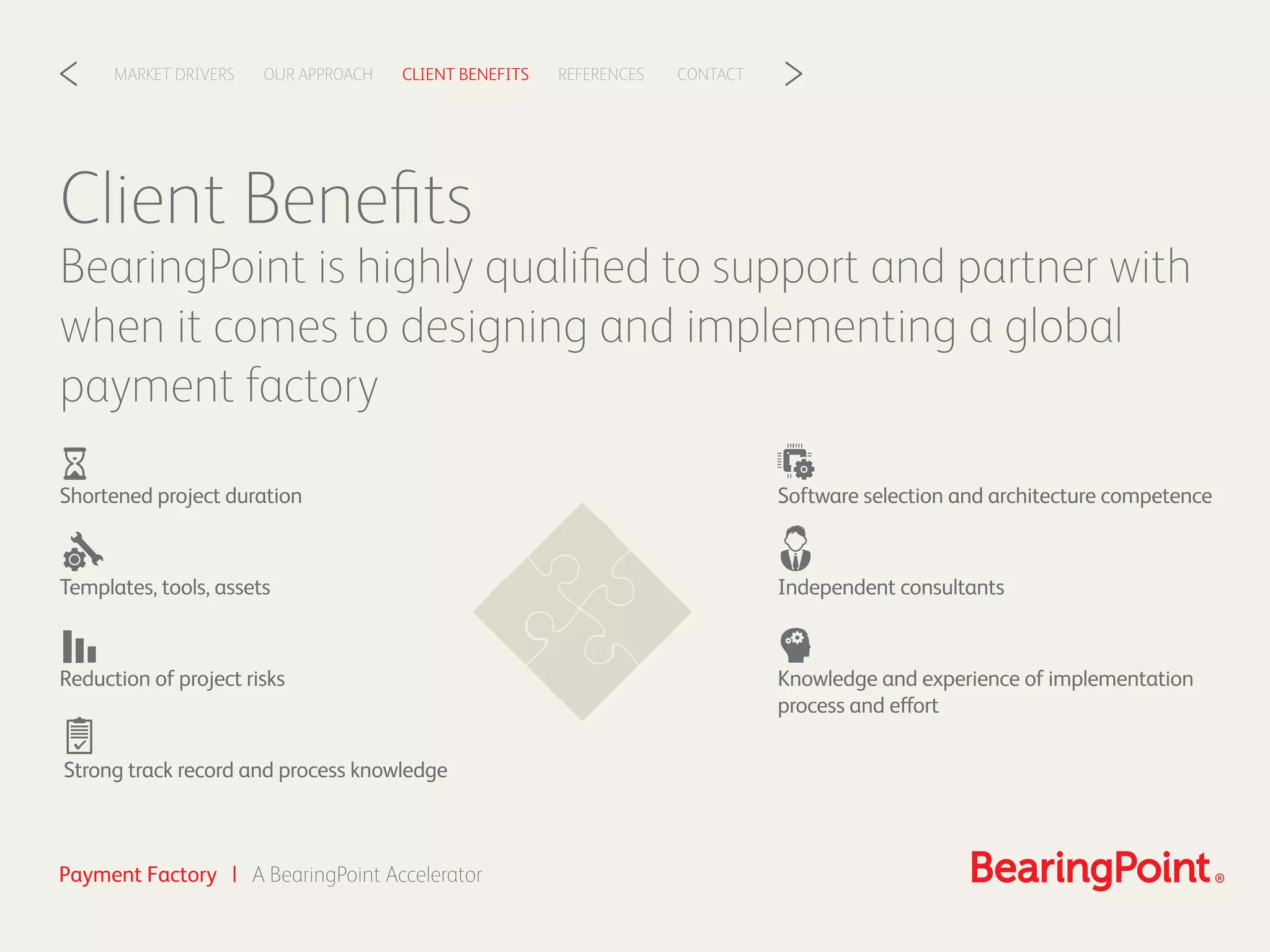 CLIENT BENEFITSOUR APPROACHMARKET DRIVERS REFERENCES CONTACT< >
Payment Factory | A BearingPoint Accelerator
Client Beneﬁts
BearingPoint is highly qualiﬁed to support and partner with
when it comes to designing and implementing a global
payment factory
Shortened project duration
Templates, tools, assets
Reduction of project risks
Strong track record and process knowledge
Software selection and architecture competence
Independent consultants
Knowledge and experience of implementation
process and effort
 