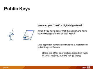 Public Keys
?
How can you “trust” a digital signature?
What if you have never met the signer and have
no knowledge of them or their keys?
One approach is transitive trust via a hierarchy of
public key certificates
(there are other approaches, based on “web
of trust” models, but lets not go there)
 