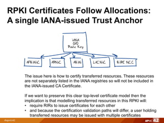 RPKI Certificates Follow Allocations:
A single IANA-issued Trust Anchor
IANA
0/0
Public Key
AFRINIC APNIC ARIN LACNIC RIPE NCC
The issue here is how to certify transferred resources. These resources
are not separately listed in the IANA registries so will not be included in
the IANA-issued CA Certificate.
If we want to preserve this clear top-level certificate model then the
implication is that modelling transferrred resources in this RPKI will:
• require RIRs to issue certificates for each other
• and because the certification validation paths will differ, a user holding
transferred resources may be issued with multiple certificates
 