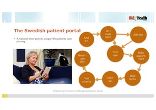 • A national entrypoint to support the patients care
journey
The Swedish patient portal
Am I
ill?
Do I
need
care?
Find
car...
