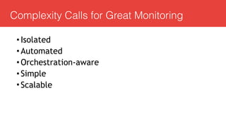 Complexity Calls for Great Monitoring
•Isolated
•Automated
•Orchestration-aware
•Simple
•Scalable
 