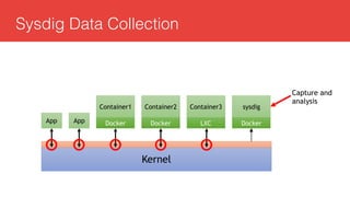 Sysdig Data Collection
Kernel
Container1
Docker
Container2
Docker
Container3
LXCAppApp
sysdig
Docker
Capture and
analysis
 