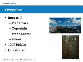 2© 2016 Knobbe, Martens, Olson & Bear, LLP all rights reserved.
Overview
• Intro to IP
– Trademark
– Copyright
– Trade Secret
– Patent
• 10 IP Pitfalls
• Questions?
 