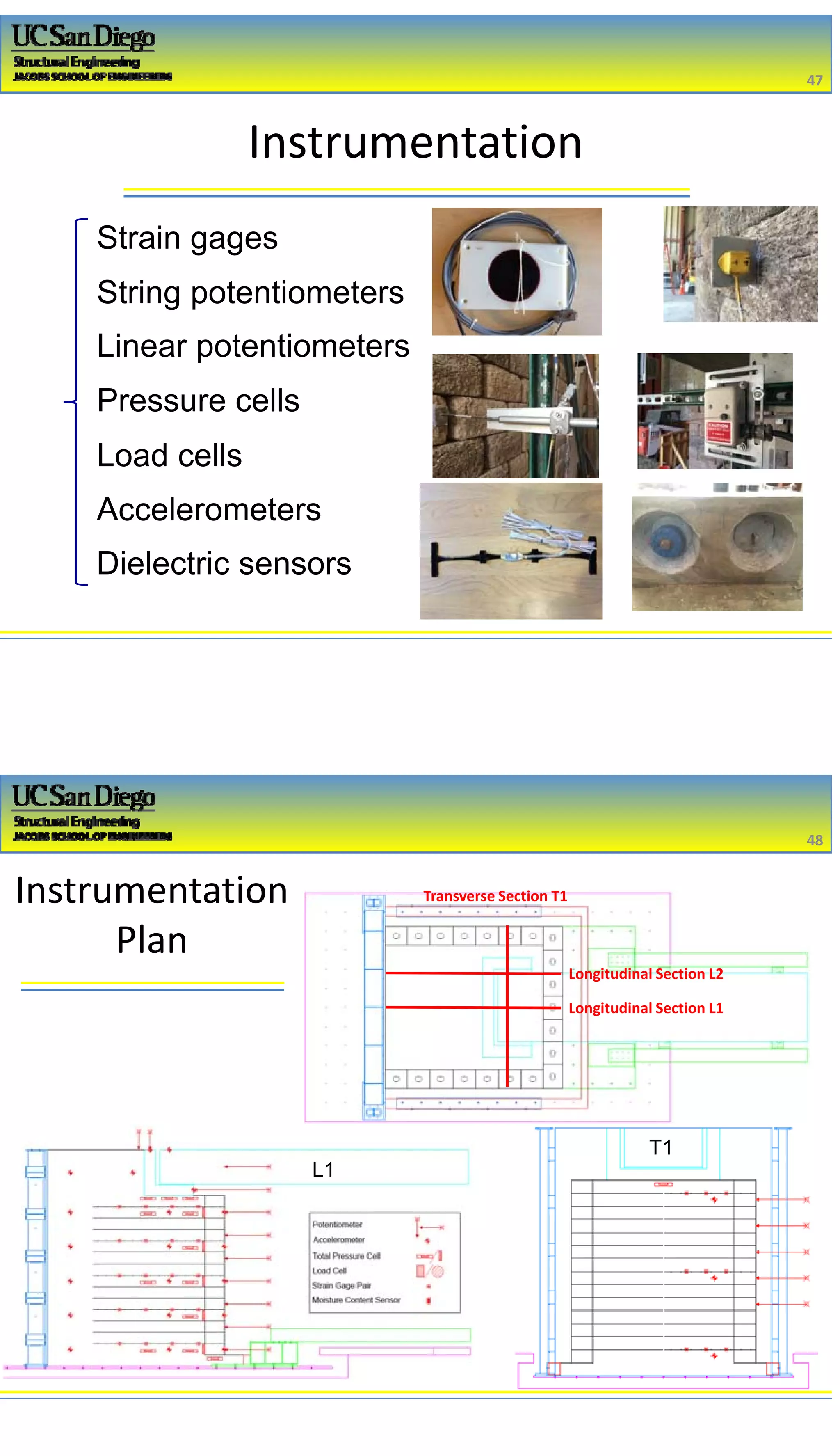 2/16/2017
24
Instrumentation
Strain gages
String potentiometers
Linear potentiometers
Pressure cells
Load cells
Accelerometers
Dielectric sensors
47
47
Instrumentation 
Plan
Longitudinal Section L1
Longitudinal Section L2
Transverse Section T1
48
48
L1
T1
 