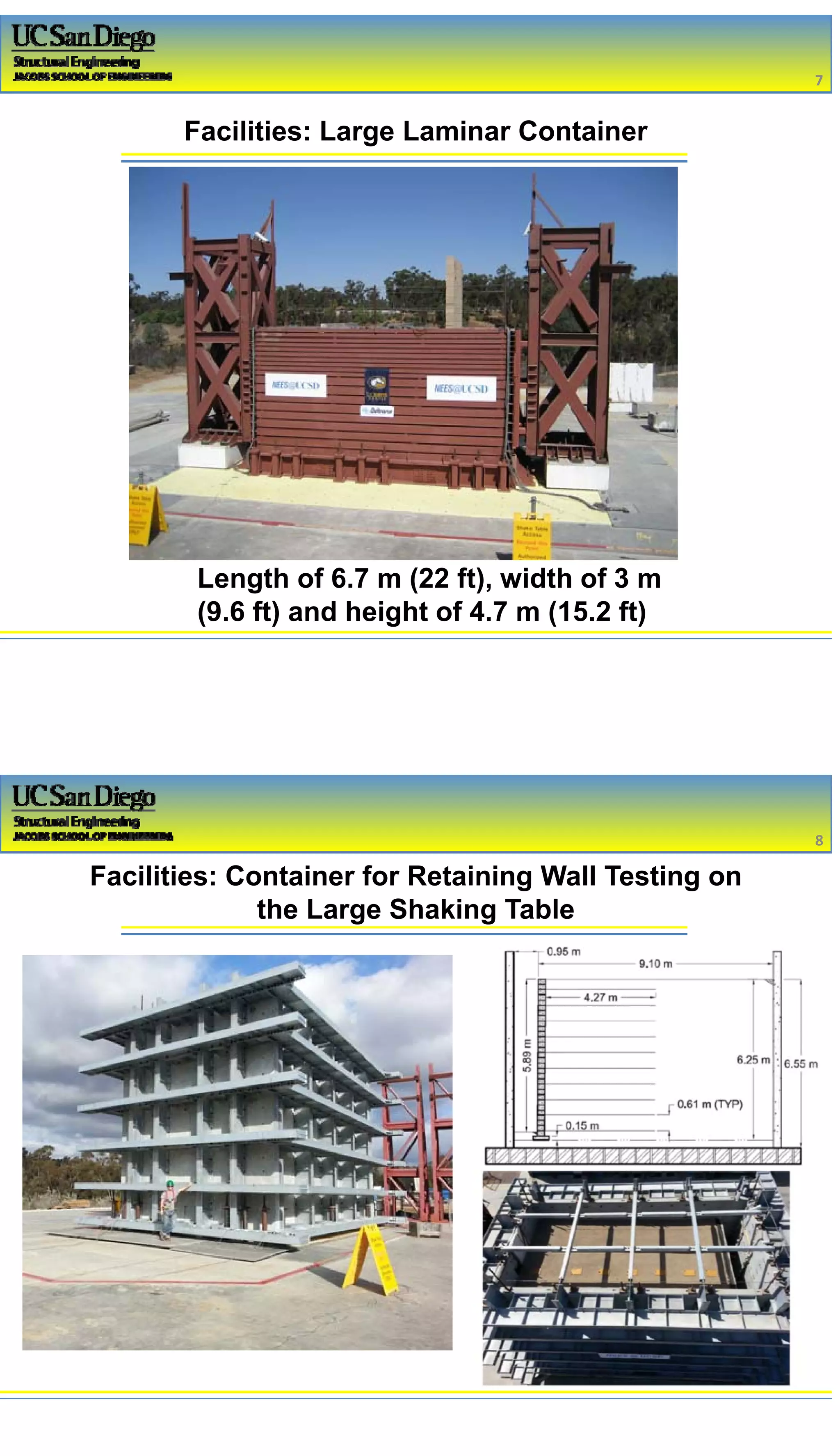 2/16/2017
4
Length of 6.7 m (22 ft), width of 3 m
(9.6 ft) and height of 4.7 m (15.2 ft)
Facilities: Large Laminar Container
7
Facilities: Container for Retaining Wall Testing on
the Large Shaking Table
8
 