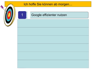 Ich hoffe Sie können ab morgen…
• Google effizienter nutzen1
• Google umfassender nutzen2
• noch professioneller recherchieren3
• Ihre Zeitfresser minimieren4
• Ihren Browser im Griff haben5
• für Sie wichtige Add-ons installieren6
• Chancen und Risiken im Internet
besser abwägen7
 