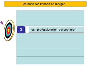 Ich hoffe Sie können ab morgen…
• Google effizienter nutzen1
• Google umfassender nutzen2
• noch professioneller recherchieren3
• Ihre Zeitfresser minimieren4
• Ihren Browser im Griff haben5
• für Sie wichtige Add-ons installieren6
• Chancen und Risiken im Internet
besser abwägen7
 