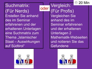 Suchmatrix:
(Für Nerds)
Erstellen Sie anhand
des im Seminar
erfahrenen und der
erhaltenen Unterlagen
eine Suchmatrix zum
Thema „Islamischer
Staat – Auswirkungen
auf Südtirol“
Vergleich:
(Für Profis)
Vergleichen Sie
anhand des im
Seminar erfahrenen
und der erhaltenen
Unterlagen 2
Mathematik-Webseiten
und notieren Sie das
Gefundene
 20 Min
oder
 