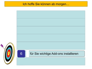 Ich hoffe Sie können ab morgen…
• Google effizienter nutzen1
• Google umfassender nutzen2
• noch professioneller recherchieren3
• Ihre Zeitfresser minimieren4
• Ihren Browser im Griff haben5
• für Sie wichtige Add-ons installieren6
• Chancen und Risiken im Internet
besser abwägen7
 