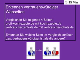 Erkennen vertrauenswürdiger
Webseiten
Vergleichen Sie folgende 4 Seiten:
profi-kochrezepte.de mit kochrezepte.de
verbraucherzentrale.de mit verbraucherschutz.de
Erkennen Sie welche Seite im Vergleich seriöser
bzw. vertrauenswürdiger ist als die andere?
oder
 15 Min
 