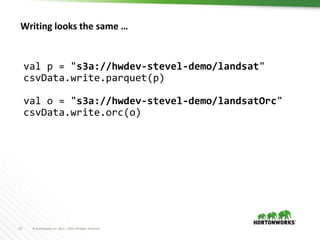13 © Hortonworks Inc. 2011 – 2016. All Rights Reserved
Writing looks the same …
val p = "s3a://hwdev-stevel-demo/landsat"
csvData.write.parquet(p)
val o = "s3a://hwdev-stevel-demo/landsatOrc"
csvData.write.orc(o)
 