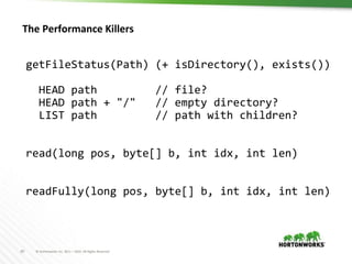 20 © Hortonworks Inc. 2011 – 2016. All Rights Reserved
The Performance Killers
getFileStatus(Path) (+ isDirectory(), exists())
HEAD path // file?
HEAD path + "/" // empty directory?
LIST path // path with children?
read(long pos, byte[] b, int idx, int len)
readFully(long pos, byte[] b, int idx, int len)
 