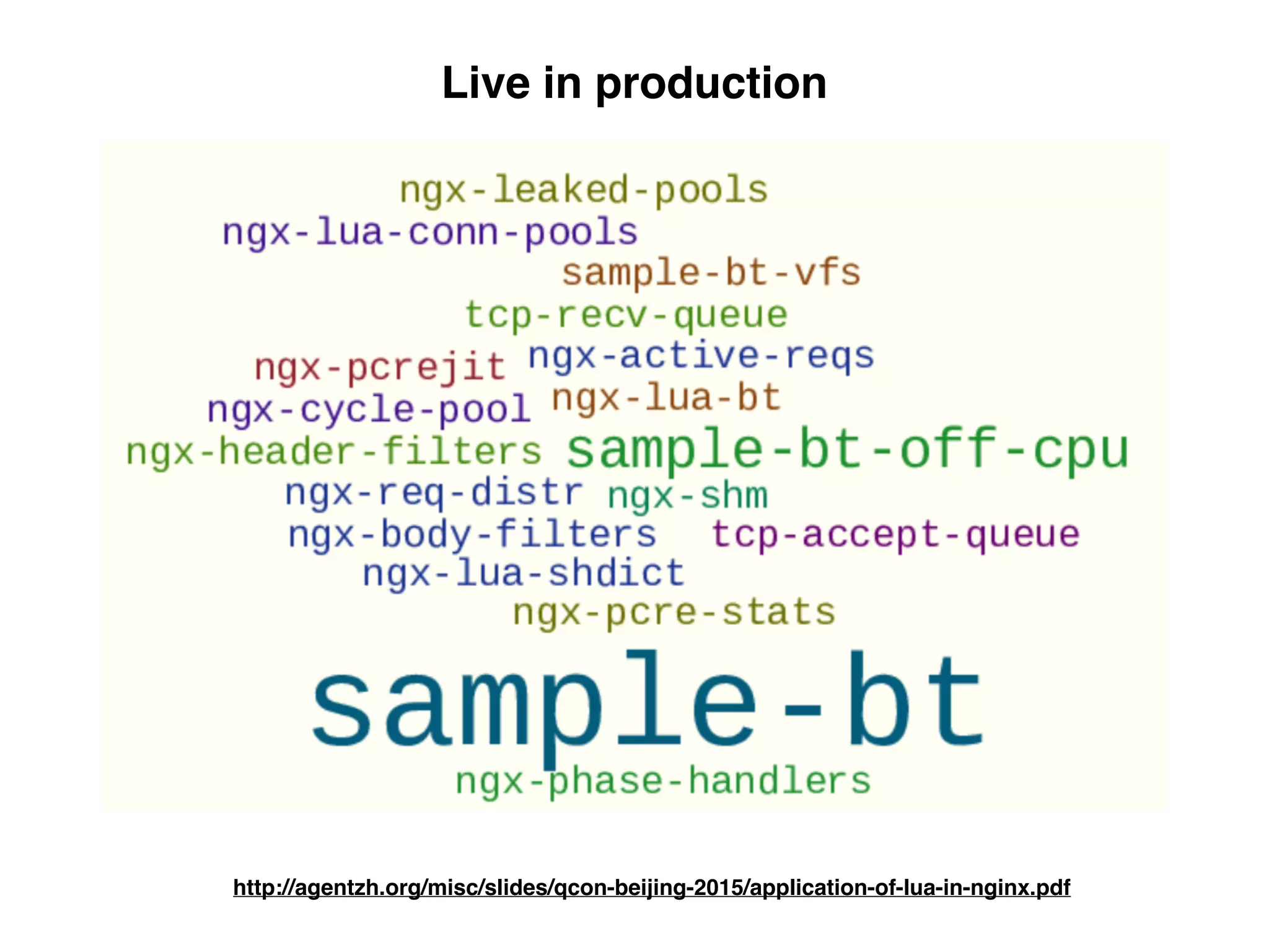 Live in production
http://agentzh.org/misc/slides/qcon-beijing-2015/application-of-lua-in-nginx.pdf
 