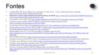 Fontes
• A tímida PEC 241 possui falhas, mas é um passo no rumo certo - e suas virtudes apavoram a esquerda
http://www.mises.org.br/Article.aspx?id=2534
• Brasil tem a maior carga tributária da América Latina, diz OCDE http://www.valor.com.br/brasil/3946654/brasil-tem-
maior-carga-tributaria-da-america-latina-diz-ocde
• Comentários sobre a PEC 241 http://rgellery.blogspot.com.br/2016/10/comentarios-sobre-pec-241.html
• Congresso aprova deficit de R$ 170 bilhões: como governo atingiu rombo recorde?
http://www.bbc.com/portuguese/brasil-36375406
• Constituição Federal: http://www.planalto.gov.br/ccivil_03/constituicao/constituicaocompilado.htm
• Dívida pública poderá encerrar 2016 em R$ 3,3 trilhões http://agenciabrasil.ebc.com.br/economia/noticia/2016-
01/divida-publica-podera-encerrar-2016-em-r-33-trilhoes
• Dívida pública sobe 21,7% em 2015, para R$ 2,79 trilhões, maior da série
http://g1.globo.com/economia/noticia/2016/01/divida-publica-sobe-248-em-2015-para-r-279-trilhoes-maior-da-
serie.html
• Dívida Pública Brasileira: http://terracoeconomico.com.br/catastrofe-da-divida-publica-brasileira
• Emenda Constitucional 86/2015: http://www.planalto.gov.br/ccivil_03/Constituicao/Emendas/Emc/emc86.htm
• Entenda o que é Receita corrente líquida: http://www2.camara.leg.br/camaranoticias/noticias/53635.html
• Evolução da dívida pública brasileira desde 1978: http://terracoeconomico.com.br/evolucao-da-divida-publica-
brasileira-desde-1978-um-grafico-para-voce-refletir
• Governo vai propor déficit de R$ 140 bilhões como meta fiscal de 2017:
http://g1.globo.com/economia/noticia/2016/07/governo-deve-propor-deficit-de-r-140-bilhoes-como-meta-fiscal-de-
2017.html
22Dodandrea.com
 