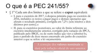 O que é a PEC 241/55?
• § 1° Cada um dos limites a que se refere o caput equivalerá:
– I. para o exercício de 2017, à despesa primária paga no exercício de
2016, incluídos os restos a pagar pagos e demais operações que
afetam o resultado primário, corrigida em 7,2% (sete inteiros e dois
décimos por cento); e
– II. para os exercícios posteriores, ao valor do limite referente ao
exercício imediatamente anterior, corrigido pela variação do IPCA,
publicado pelo IBGE, ou de outro índice que vier a substituí-lo,
para o período de doze meses encerrado em junho do exercício
anterior a que se refere a lei orçamentária
3Dodandrea.com
A correção dos valores nominais se
dará pela inflação oficial do ano anterior.
 