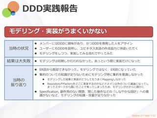 DDD実践報告
モデリング・実装がうまくいかない
当時の状況
 メンバーにはDDDに興味があり、かつDDDを教育した人をアサイン
 ユーザーにもDDDを説明し、ユビキタス言語の作成協力に快諾いただく
 モデリングをしつつ、実装してみる流れでやってみた
結果は大失敗  モデリングは初期しか行われなかった。あっという間に実装だけになった
当時の
振り返り
 ER図から脱却できなかった。モデリングではなく、ER図になっていた
 集約のついての知識が足りないためにモデリング時に集約を意識しなかった
 モデリングした結果と実装がどうしてもうまくMappingしなかった
 RepositoryやFactoryをどこに実装するのかなどドメイン以外のついて議論になってし
まってスタートから躓いたことで焦ってしまったため、モデリングがさらに疎かに
 Specification, 副作用のない関数、閉じた操作などの「しなやかな設計」への意
識がないなど、モデリングの知識・技量が足りなかった
Section 2/7 total 7/13
 