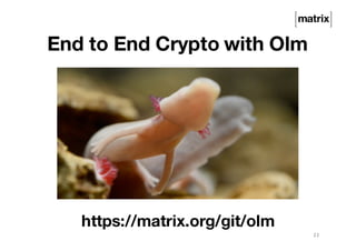 End to End Crypto with Olm
23
https://matrix.org/git/olm
 