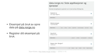 • Eksempel på bruk av opne
data på data.norge.no
• Registrer ditt eksempel på
bruk.
Skjermbilete: http://data.norge.no/app — 2016-11-14
 