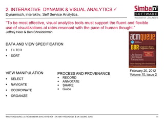 11RINGVORLESUNG | 23. NOVEMBERR 2016 | IISYS HOF | DR. MATTHIAS NAGEL & DR. GEORG JUNG
2. INTERAKTIVE DYNAMIK & VISUAL ANALYTICS 
Dynamisch, interaktiv, Self Service Analytics.
“To be most effective, visual analytics tools must support the fluent and flexible
use of visualizations at rates resonant with the pace of human thought.”
Jeffrey Heer & Ben Shneiderman
DATA AND VIEW SPECIFICATION
 FILTER
 SORT
VIEW MANIPULATION
 SELECT
 NAVIGATE
 COORDINATE
 ORGANIZE
February 20, 2012
Volume 10, issue 2PROCESS AND PROVENANCE
 RECORD
 ANNOTATE
 SHARE
 Guide
 